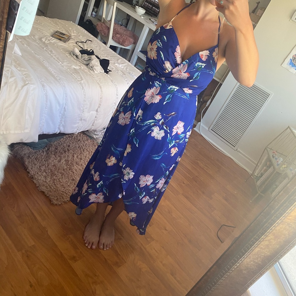 Royal blue lace up floral high - low dress
